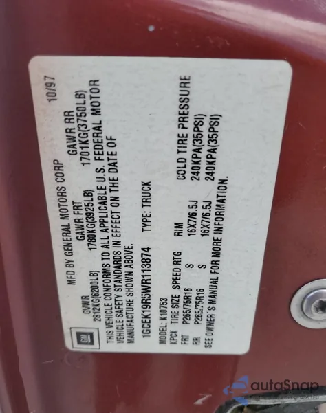 1998 Chevrolet Gmt-400 K1500 from USA, damaged, VIN 1GCEK14R8WZ135262